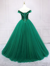 Green Tulle Off Shoulder Tulle Beads Long Prom Dress, Green Formal Graduation Dresses